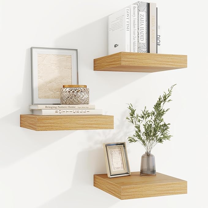 fuqing Floating Shelves for Wall, Bathroom Shelf Wall Mounted for Storage, Shelves with Invisible Bracket for Bedroom, Kitchen, Living Room, Farmhouse Small Book Shelf, 6.5 Inch Set of 3, Oak-Ruum Studio Home