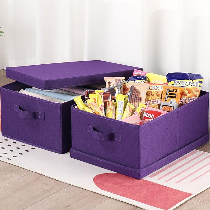 HOONEX Storage Bins with Lids for Organizing, Pack of 2, Storage Boxes with 2 Carry Handles and Sturdy Heavy Cardboard, 16.5" L x 11.8" W x 7.5" H for Shoes, Books, Clothes, Nursery, Dark Purple-Ruum Studio Home
