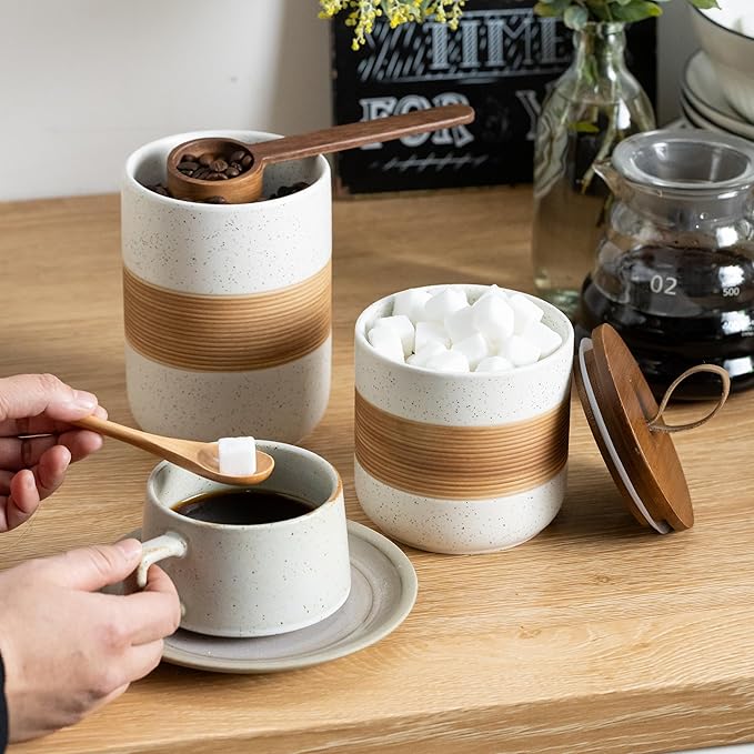Ceramic Jar with Lid, Coffee Container Kitchen Food Storage Jars for Spice Sugar Tea Bag, Stackable Decorative Jars for Countertop, White & 18oz-Ruum Studio Home