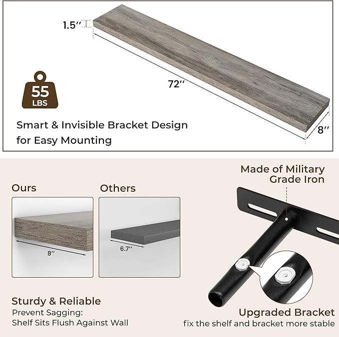 RICHFOCUS 72Inch Floating Shelves for Wall 2 Pack Shelves for Bedroom|Kitchen|Bathroom Wall Mounted Rustic Wood Floating Shelf with Invisible Brackets for Books|Storage|Decor, Grey-Ruum Studio Home