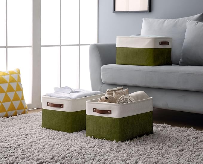 DECOMOMO Storage Bins Fabric Storage Baskets for Shelves, Linen Closet Organization Toys Nursery (Olive Green and White, Large - 3 Pack)-Ruum Studio Home