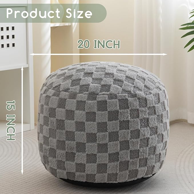 HIGOGOGO Round Stuffed Pouf Ottoman, Plaid Poufs with Foam Chunk Filling, Fluffy and Furry Pouf Foot Stool Storage Ottoman, 20 X 15 Floor Poufs Foot Rest for Living Room, Grey-Ruum Studio Home