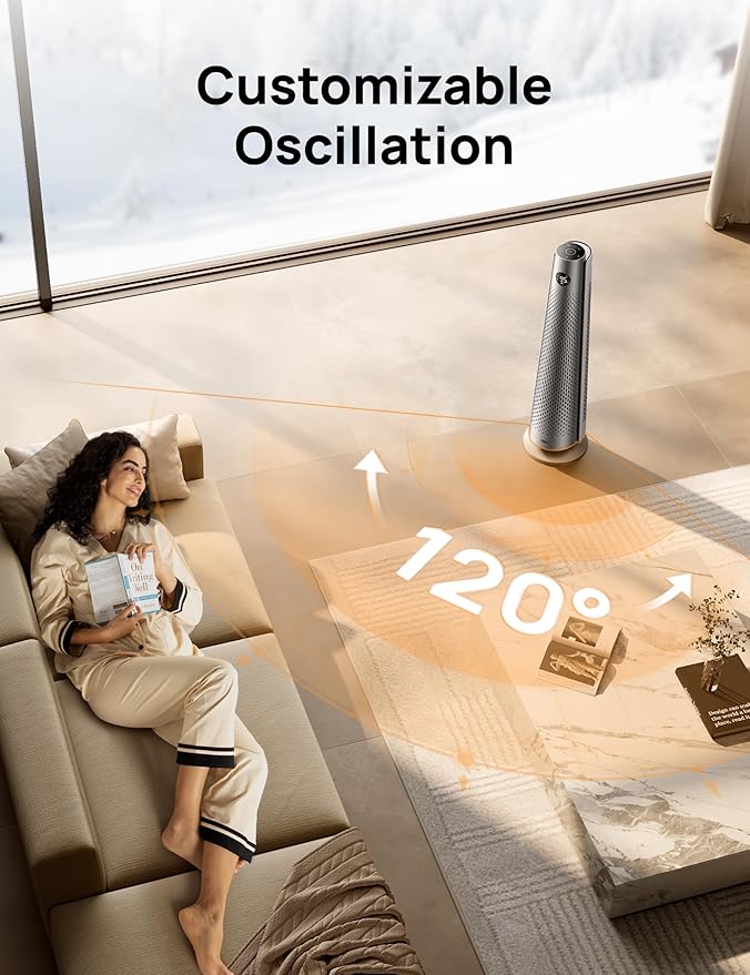 Dreo Space Heater Indoor, 30" Electric Heaters with Remote, 120° Oscillation, Adjustable Thermostat, 5 Heat & 3 Fan levels, 8 Safety Protections, 25dB Quiet, 1-12H Timer, Large Room Bedroom, Silver-Ruum Studio Home