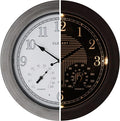 CLXEAST 18 Inch Farmhouse Illuminated Outdoor Atomic Wall Clock with Thermometer & Hygrometer Combo, Night Lighted Wall Clock with Smart Sensor, Weather Stations,Brushed Grey Oak Finish-Ruum Studio Home