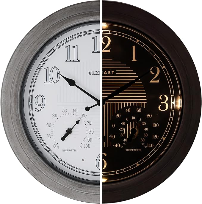 CLXEAST 18 Inch Farmhouse Illuminated Outdoor Atomic Wall Clock with Thermometer & Hygrometer Combo, Night Lighted Wall Clock with Smart Sensor, Weather Stations,Brushed Grey Oak Finish-Ruum Studio Home