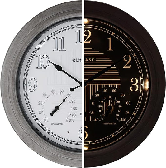 CLXEAST 18 Inch Farmhouse Illuminated Outdoor Atomic Wall Clock with Thermometer & Hygrometer Combo, Night Lighted Wall Clock with Smart Sensor, Weather Stations,Brushed Grey Oak Finish-Ruum Studio Home