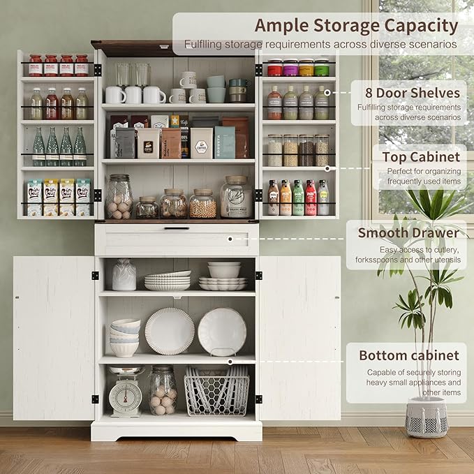 72'' Kitchen Storage Pantry Cabinet, Tall Storage Cabinet with 8 Door Shelves, 2 Cabinets and 1 Drawer, Freestanding Cupboard for Kitchen, Dining Room, Bathroom, Laundry, Off White-Ruum Studio Home
