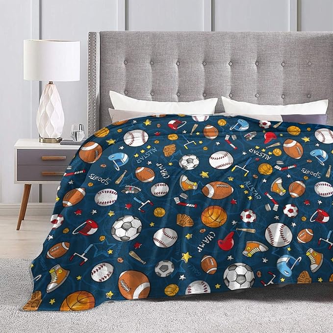 Baseball Football Basketball Sport Theme Throw Blanket 60x50 Inch Soft Fleece Blanket Men Women Gift for Kids Boys Girls for Party Couch Sofa Bed Deco Blankets-Ruum Studio Home