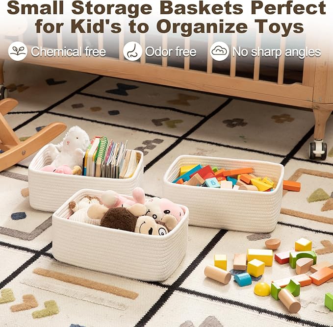 3 Pack Small Storage Baskets for Organizing, Cute Woven Decorative Gift Baskets for Shelves, Mini Closet Organizer Bins with Handles, 11.81''Lx7.87''Wx4.72''H-White-Ruum Studio Home
