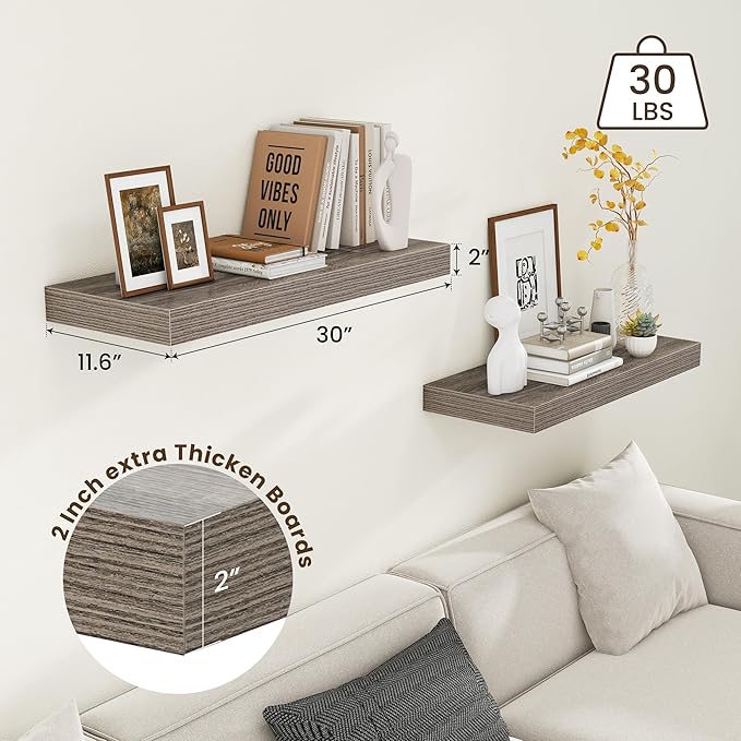 12 Inch Deep Floating Shelves for Wall | 30 Inch Floating Shelves Set of 2 | Rustic Grey Wood Shelves for Living Room Bathroom Laundry Room Bedroom Kitchen Home Office - Rustic Grey-Ruum Studio Home