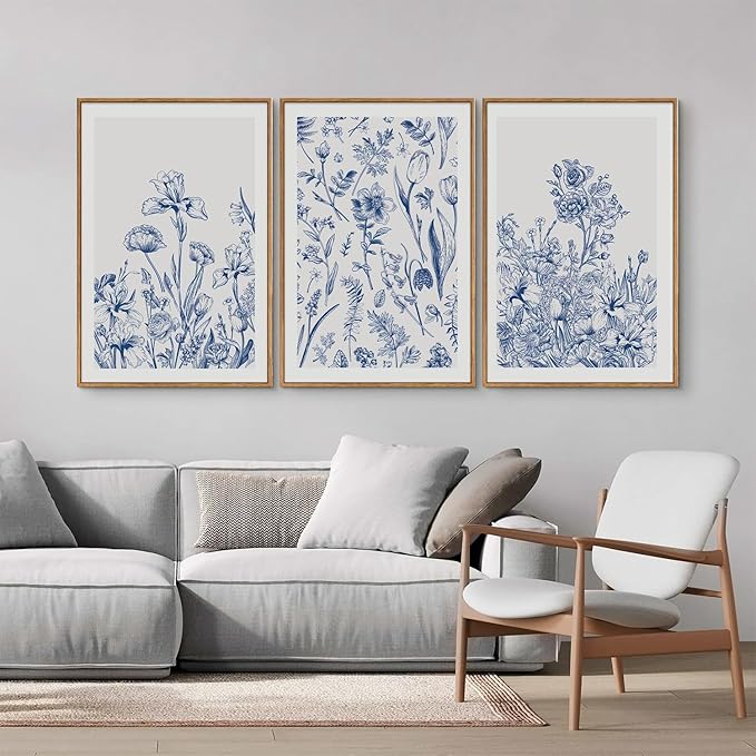 SIGNINART Classic Chinoiserie Framed Canvas Wall Art Set, Blue and White Floral Art Painting, Minimalist Botanical Flower Artwork, Navy Blue Wall Decor for Bedroom, Living Room, Office 16"x24"x3-Ruum Studio Home