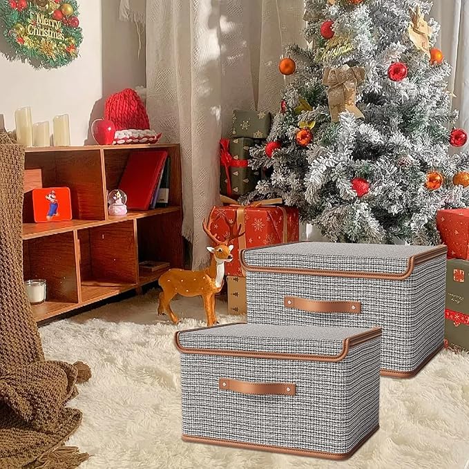 Tuza 4 Pack Storage Bins with Lids, Collapsible Closet Organizer Container, Fabric Organizer Box with Handles, Decorative Storage Boxes with Lids for Organizing Clothes, Sheet, Light Grey, Extra Large-Ruum Studio Home