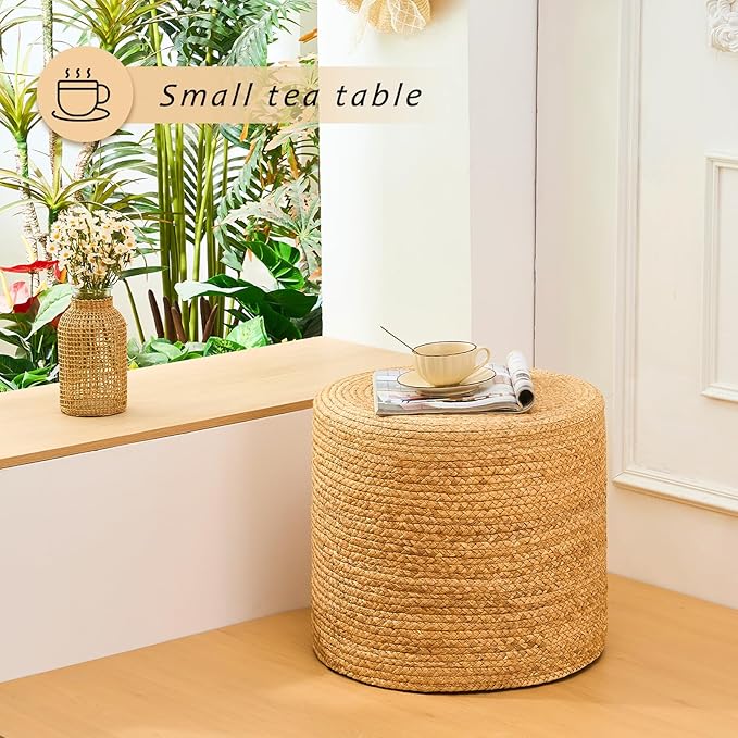 Handwoven Ottoman Pouf, Natural Water Hyacinth Footstool, Round Braided Outdoor Seat with Sturdy Frame, Boho Accent Stool for Patio, Balcony, or Garden (Natural)-Ruum Studio Home