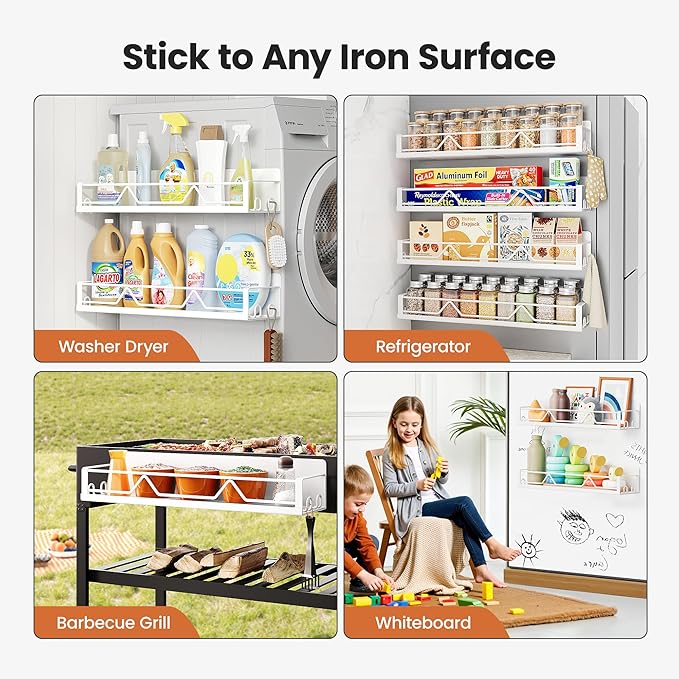 16.9 Inch Wide Large Capacity Magnetic Spice Rack for Refrigerator, 4 Pack Metal Fridge Shelf, White-Ruum Studio Home