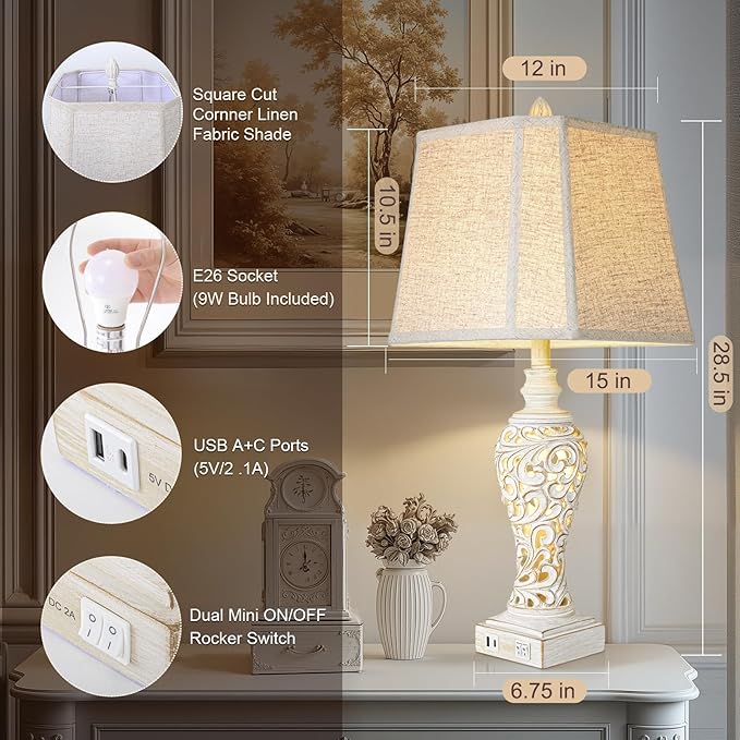 Vintage Table Lamps Set of 2, 28.5'' High Bedside Lamps with Fabric Shade, Farmhouse Nightstand Lamps with USB A+C Ports and Nightlight - Perfect for Living Room Bedroom Office Study (Bulb Included)-Ruum Studio Home