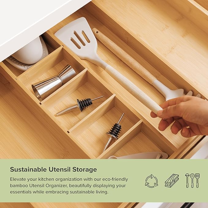 Adjustable Kitchen Drawer Organizer for Utensils and Junk, Food-Safe Contract Grade with 100% Sustainable Wood, Expandable from 16 to 28 Inches Wide - Natural Bamboo-Ruum Studio Home