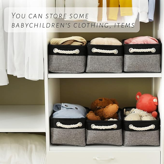 TcaFmac Storage Basket for Shelves - Small 6 Pack Fabric Storage Bins for Organizing, Collapsible Storage Cubes with Handle for Closet Cloth Toy Gift Kids (Black & Grey 11.8 x 7.8 x 5.2 inch)-Ruum Studio Home