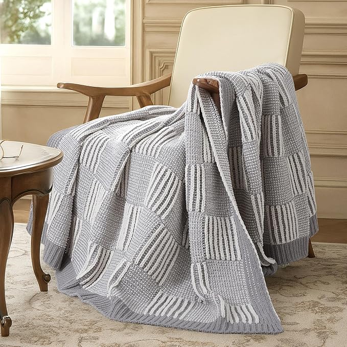 Amélie Home Chenille Knit Throw Blanket for Couch, Checkered Texture Decorative Soft Blanket for Sofa, Bed & Living Room, 50"x60", Grey & White-Ruum Studio Home