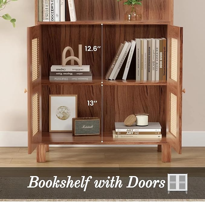 Tall Bookshelf, 5-Tier Book Shelf with 2 Rattan Doors, Freestanding Bookcase Display Shelves with Large Storage, Book Case for Living Room, Office, Study, Bedroom, 70.9 Inch-Ruum Studio Home