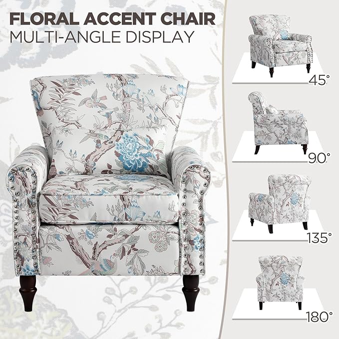 Wingback Accent Chair with Removable Pillow, High Back Floral Armchair with Solid Wood Legs & Nailhead Trim, Comfy Upholstered Reading Single Sofa Chair for Bedroom (1, Bird Floral Pattern)-Ruum Studio Home