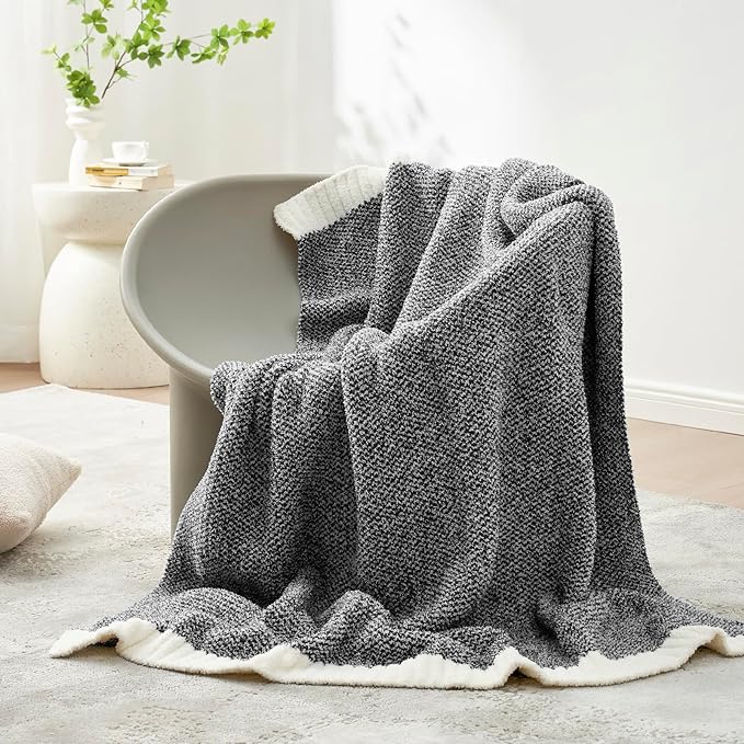 Snuggle Sac Heather Black Throw Blanket for Couch, Reversible Super Soft Micorfiber Blankets Dupes Warm Cozy Knit Fuzzy Plush Throws for Sofa, Bed, Heather Black, 50x60 inches-Ruum Studio Home