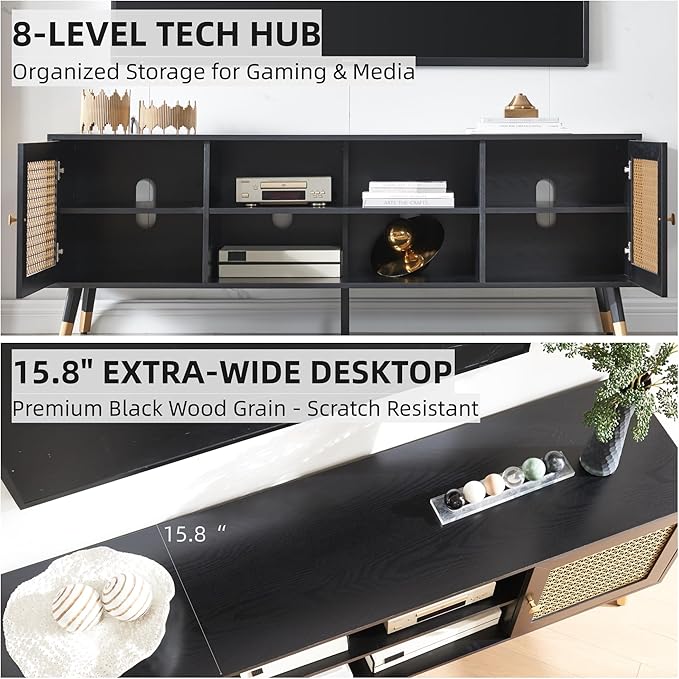 JYED Mid Century Modern TV Stand and Console for TVs Up to 75" - Black Entertainment Center, 2 Gold Metal Mesh Doors & MDF Wood Grain, 15.8" D x 66" W x 23.5" H-Ruum Studio Home
