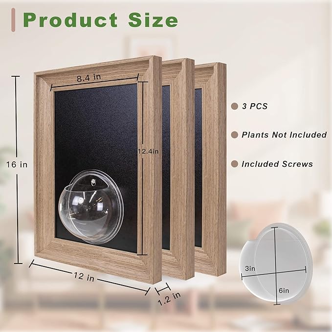Walnut Wooden Frame Wall Hanging Planter for Hydroponic Plants，12'' x16''inch Wall Vase with Oblate-Shaped Acrylic Propagation Station，Bathroom, Office, or Living Room Decor, Set of 3-Ruum Studio Home