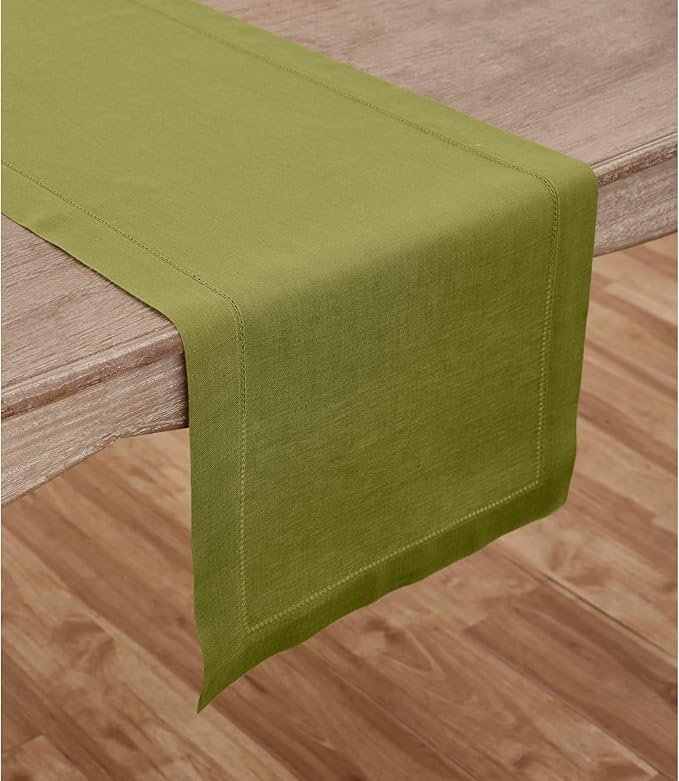 Solino Home Linen Hemstitch Table Runner 108 Inches Long - 100% Pure Linen Avocado Green Table Runner 14 x 108 Inch for Fall, Autumn, Thanksgiving - Classic Hemstitch-Ruum Studio Home