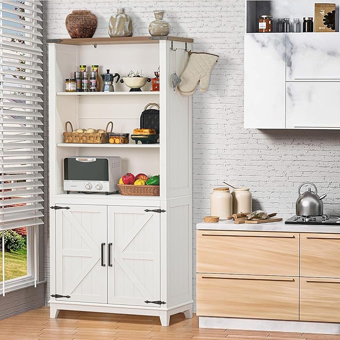 5 Tier Bookshelf 70in Tall Bookcase with Barn Doors and Storage Cabinet, White Farmhouse Book Shelf with Adjustable Shelves, Wood Freestanding Display Bookshelves for Bedroom, Living Room-Ruum Studio Home