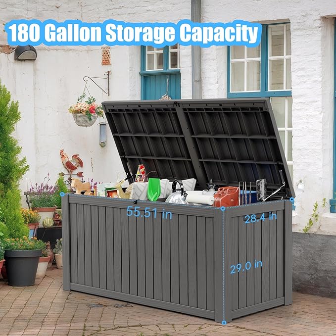 Vixzen 180 Gallon Resin Deck Box, Lockable Outdoor Storage Box for Patio Cushions Storage Furniture,Garden Tools, Pool Supplies, Weatherproof and UV Resistant- Black-Ruum Studio Home