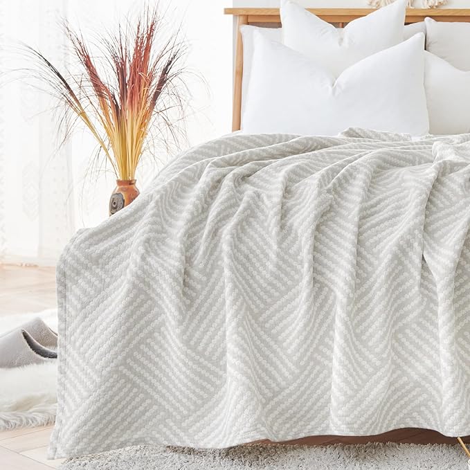 jinchan Boho 100% Cotton Blanket Muslin 50x60 Inches Lightweight 3-Layer Geometric Square Striped Pattern Reversible Quilt Throw Soft Breathable Comfy All Seasons for Couch Bed Decor, Light Grey-Ruum Studio Home