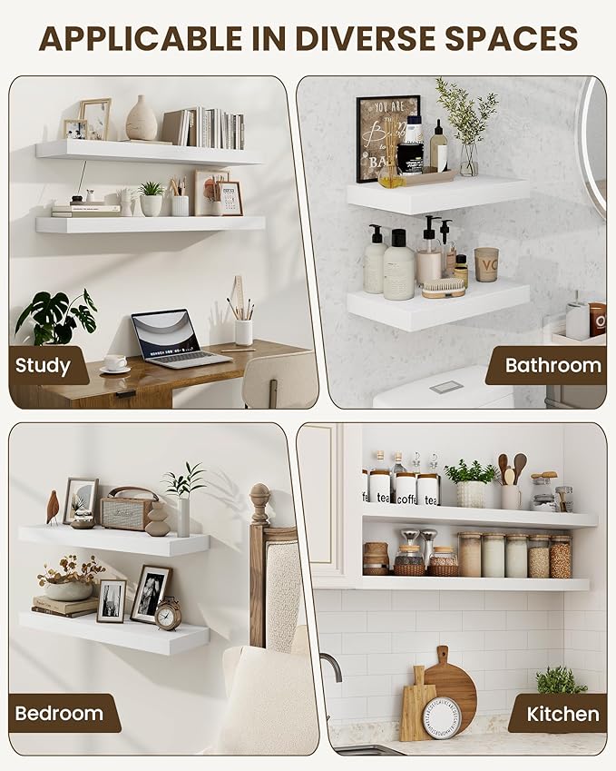 Marsmiles 30" Floating Shelves for Wall, Wooden Shelves with Invisible Brackets Set of 2, Rustic Farmhouse Wall Mounted Shelf for Kitchen Bathroom Living Room Study, White-Ruum Studio Home