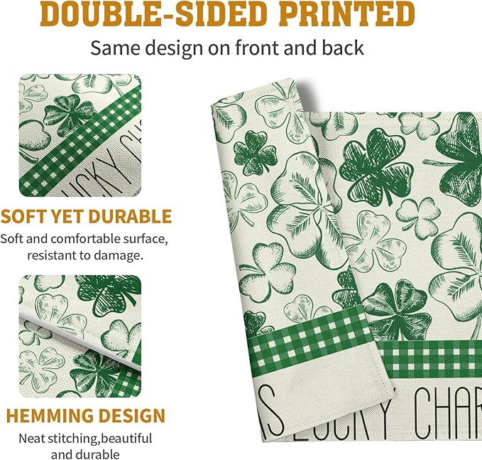 Green Shamrock St Patricks Day Placemats Set of 4 Lucky Clover Plaid Check Table Mat 12x18 Inch St. Patrick's Day Seasonal Holiday Place Mats Spring Linen Placemat for Party Kitchen Dining Decor-Ruum Studio Home