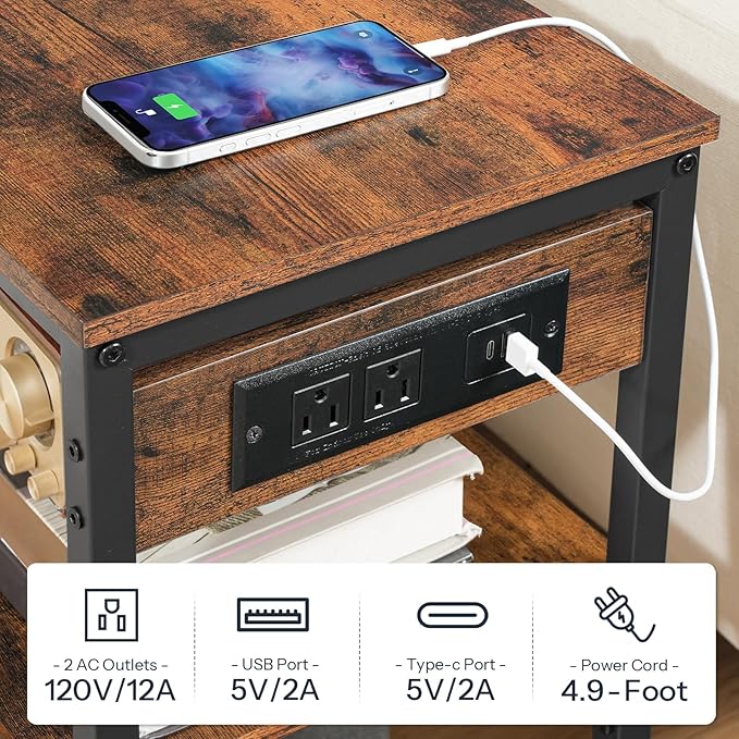 HOOBRO End Table with Charging Station, Simple Rustic Side Table with 3-Tier Storage Shelf, Narrow Nightstand for Small Spaces, for Living Room, Industrial Design, Rustic Brown and Black BF149UBZ01
