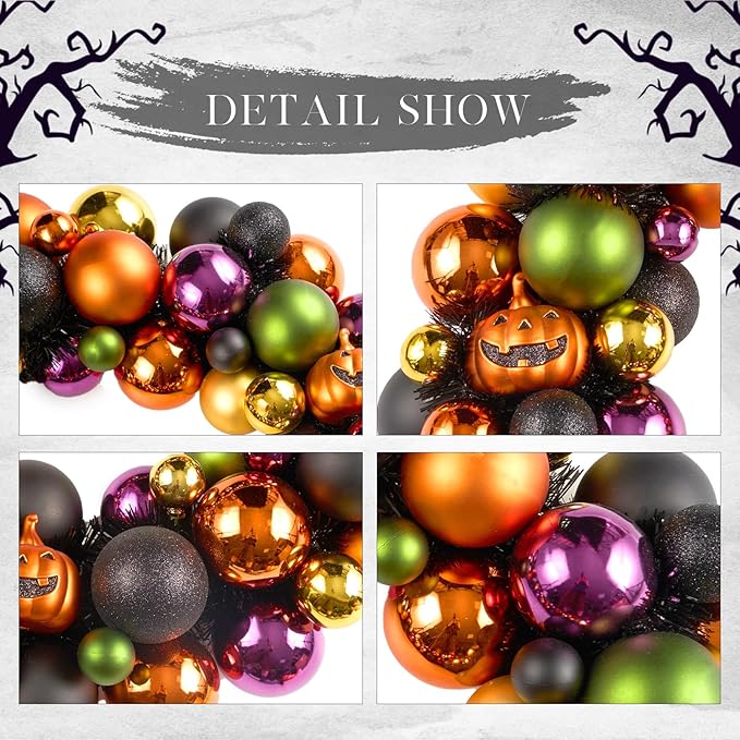 JORNOY 20inch Large Halloween Ball Wreath with Ghost & Pumpkin Accents - Seasonal Orange/Black Wall Hanging, Front Door, Mantel, Porch Decor for Home-Ruum Studio Home