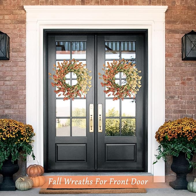 Artgar Fall Wreath, Fall Wreaths for Front Door, 24 in Fall Decor Floral Wreath, Door Wreaths for Front Door Outside All Season for Thanksgiving Home Indoor Outdoor Wall Decor (White&Orange)-Ruum Studio Home