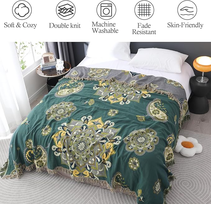 Snycler Boho Throw Blanket for Bed - 100% Cotton Ultra Soft Rustic Quilt - Green Boho Floral Printed Farmhouse Decor Bed Blankets, 60"×80" All Season Rustic Throw for Sofa Couch Chair-Ruum Studio Home