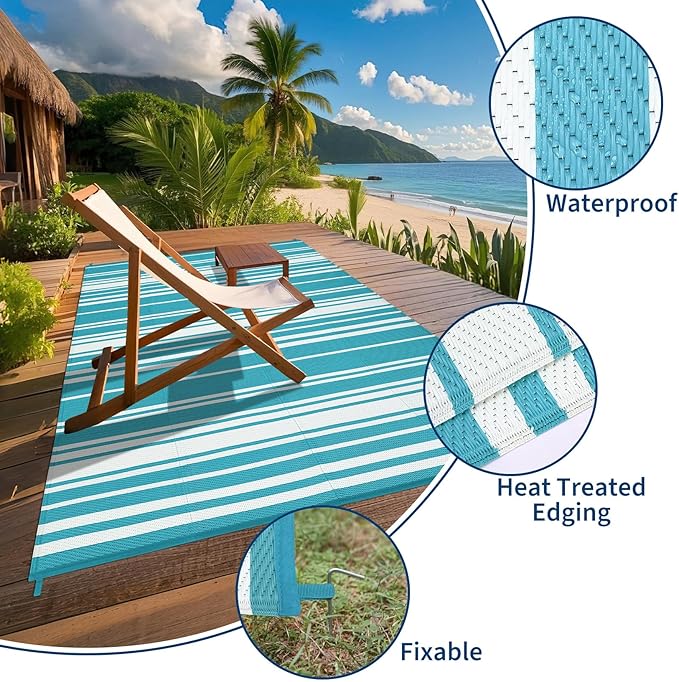 Outdoor Patio Rug 9x12 Stain-Resistant Reversible Camping Mat, Modern Striped Outdoor Plastic Straw Rug, Waterproof Outside Carpet, Easy to Clean for RV, Porch, Deck, Balcony, Light Blue-Ruum Studio Home