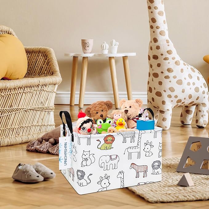 LANGYASHAN Rectangular Storage Bin Collapse Canvas Fabric Cartoon Storage Basket with Handles for Organizing Home Kitchen Boys and Girls Toys Office Closet Shelf Baskets (Rec Simplified Zoo)-Ruum Studio Home