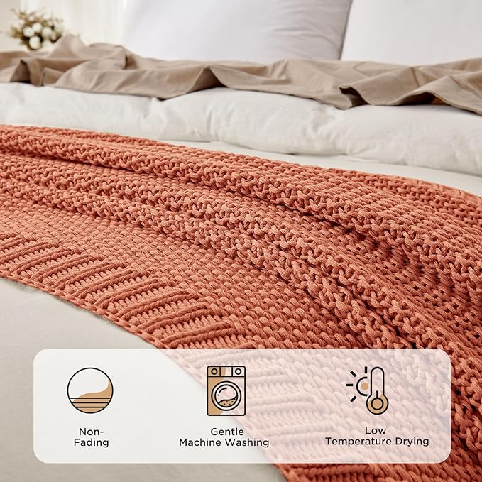 Joydeco Chunky Cable Knit Throw Blanket, Lightweight 100% Cotton Soft Cozy Throw Twin Blanket for Couch Bed and Sofa, Rustic Breathable Farmhouse Blanket Gift for Women Men(Burnt Orange, 51"x63")-Ruum Studio Home