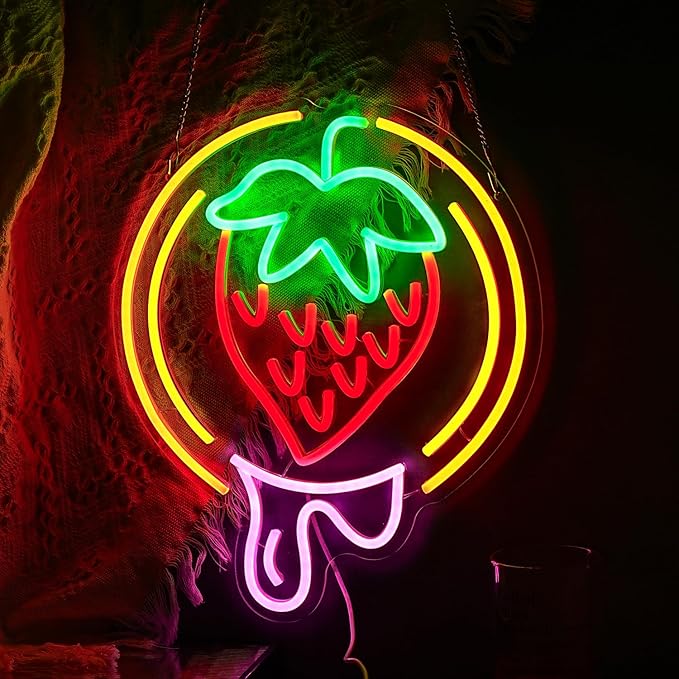 Strawberry Neon Sign USB Powered Sweet Fruit Led Light Up Sign Dimmable Funny Neon Light Wall Decoration for Home Kitchen Fruit Market Dessert Shop Farmhouse Restaurants-Ruum Studio Home