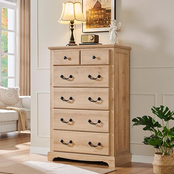 T4TREAM 6 Drawers Dresser Chests for Bedroom, 48" Tall Rustic Chset of Drawers, Wood Dressers Organizer for Bedroom, Living Room,Hallway, Natural Oak-Ruum Studio Home