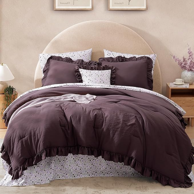 Queen Comforter Set - 7 Pieces Ruffle Purple Bedding Sets, Shabby Chic Farmhouse Bed in a Bag Queen with Ruffle Comforter, Floral Sheets, Pillowcases & Shams-Ruum Studio Home