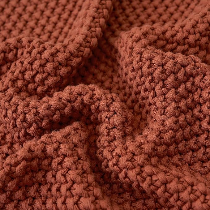 Longhui bedding Chunky Cable Knit Throw Blanket Lightweight Rust 100% Organic Cotton Blanket for Sofa Couch Bed Baby Nursery, Rustic Shabby Chic Modern Farmhouse, 60” x 80” Give Laundering Bag-Ruum Studio Home