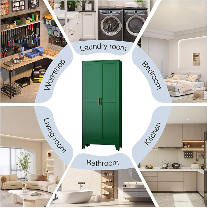 Green Metal Storage Cabinet,75" Steel Cabinets for Home Office, Kitchen Pantry Storage Cabinet with Doors and 5 Adjustable Shelves, Tool Cabinets, for Office, Home, Garage, School-Ruum Studio Home