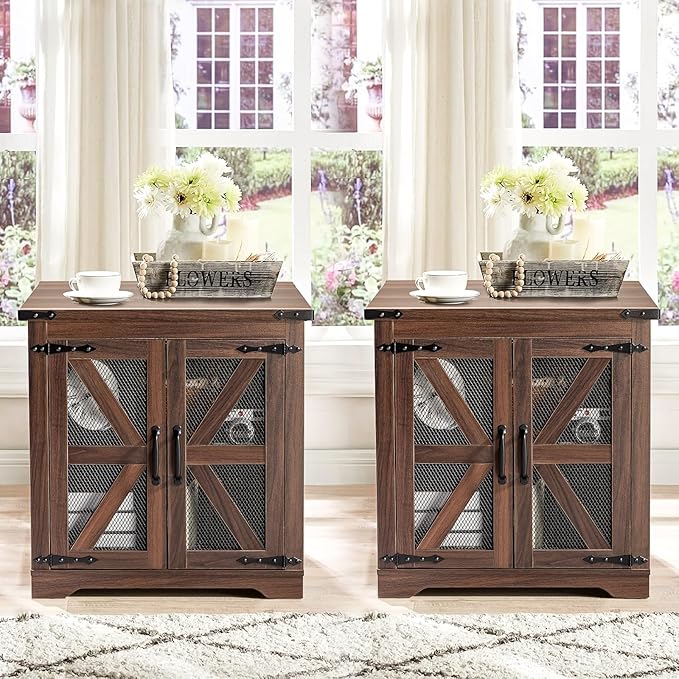 Farmhouse End Table Set of 2, 24" Large Sofa Side Table with Charging Station, Mesh Barn Door, Rustic Wood Nightstand with Adjustable Storage Shelf, Square Nightstand for Living Room-Ruum Studio Home
