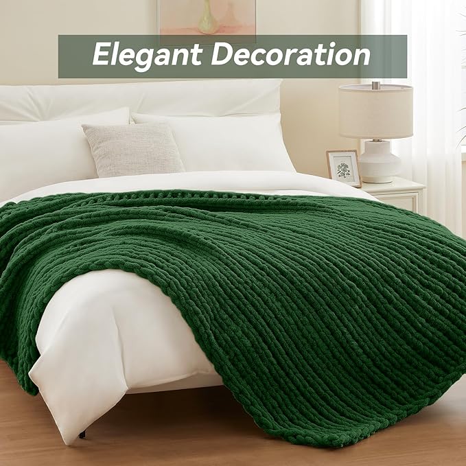 Chunky Knit Throw Blanket, 40''*50'' Knitted Throw Chenille Yarn for Bed Couch, Handmade Grass Green Crochet Big Thick Blanket, Machine Washable Cute Comfy Blanket for Home Decor-Ruum Studio Home