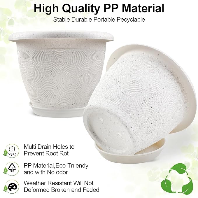 Plastic Flower Pots Planters for Indoor Plants, 4 Pack 14 Inch White Plant Pots with Drainage Hole & Tray, Modern Decorative Large Plant Pot with Saucer for Indoor Outdoor Plants Garden House Planter-Ruum Studio Home