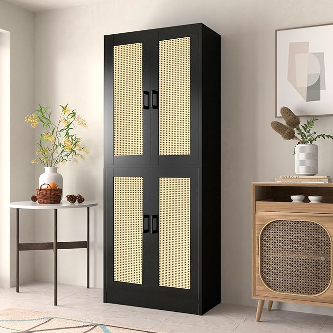 Black Rattan Kitchen Pantry, 71" Tall Storage Cabinet with Doors, Boho Hutch for Dining Room-Ruum Studio Home