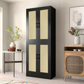Black Rattan Kitchen Pantry, 71" Tall Storage Cabinet with Doors, Boho Hutch for Dining Room-Ruum Studio Home